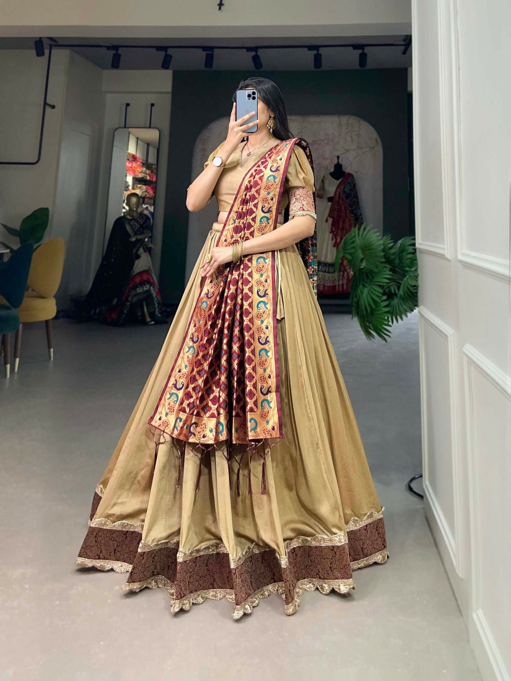 Vastranavya Traditional Jacquard Vichitra Silk Lehenga Choli - Chiku