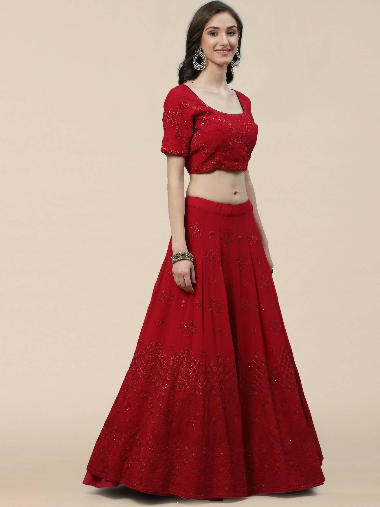 Dark Pink Georgette Thread with Sequins Embroidered work Lehenga Choli with Dupatta - Jivika