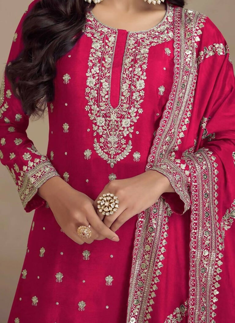 Vastranavya Glamorous Pink Chinon Palazzo Suit With Intricate Sequins Embroidery Work with Dupatta