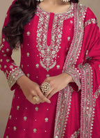 Vastranavya Glamorous Pink Chinon Palazzo Suit With Intricate Sequins Embroidery Work with Dupatta