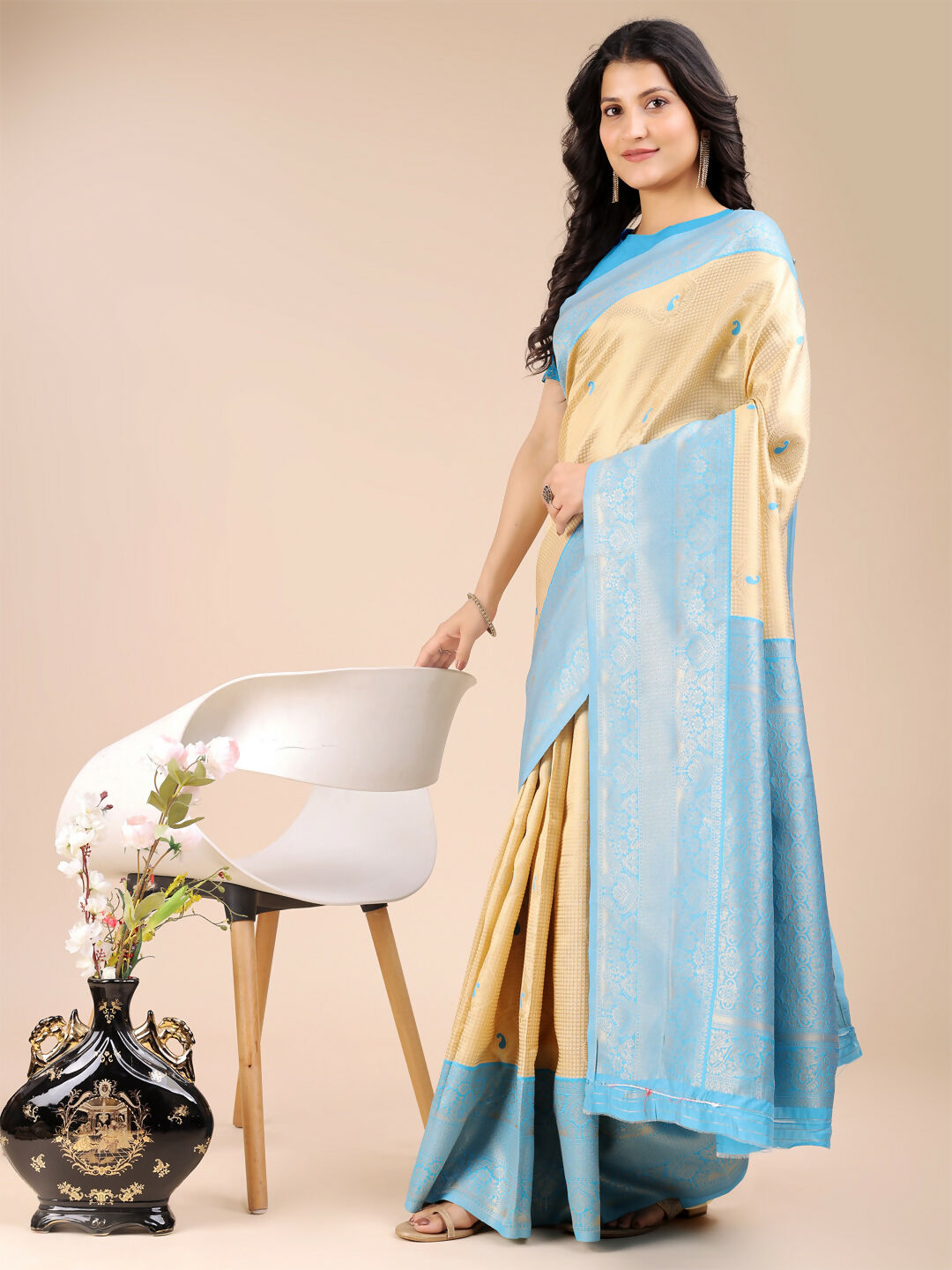 Shree Shyam Fashion Aura Silk Cream Sky Blue Banarasi Silk Saree