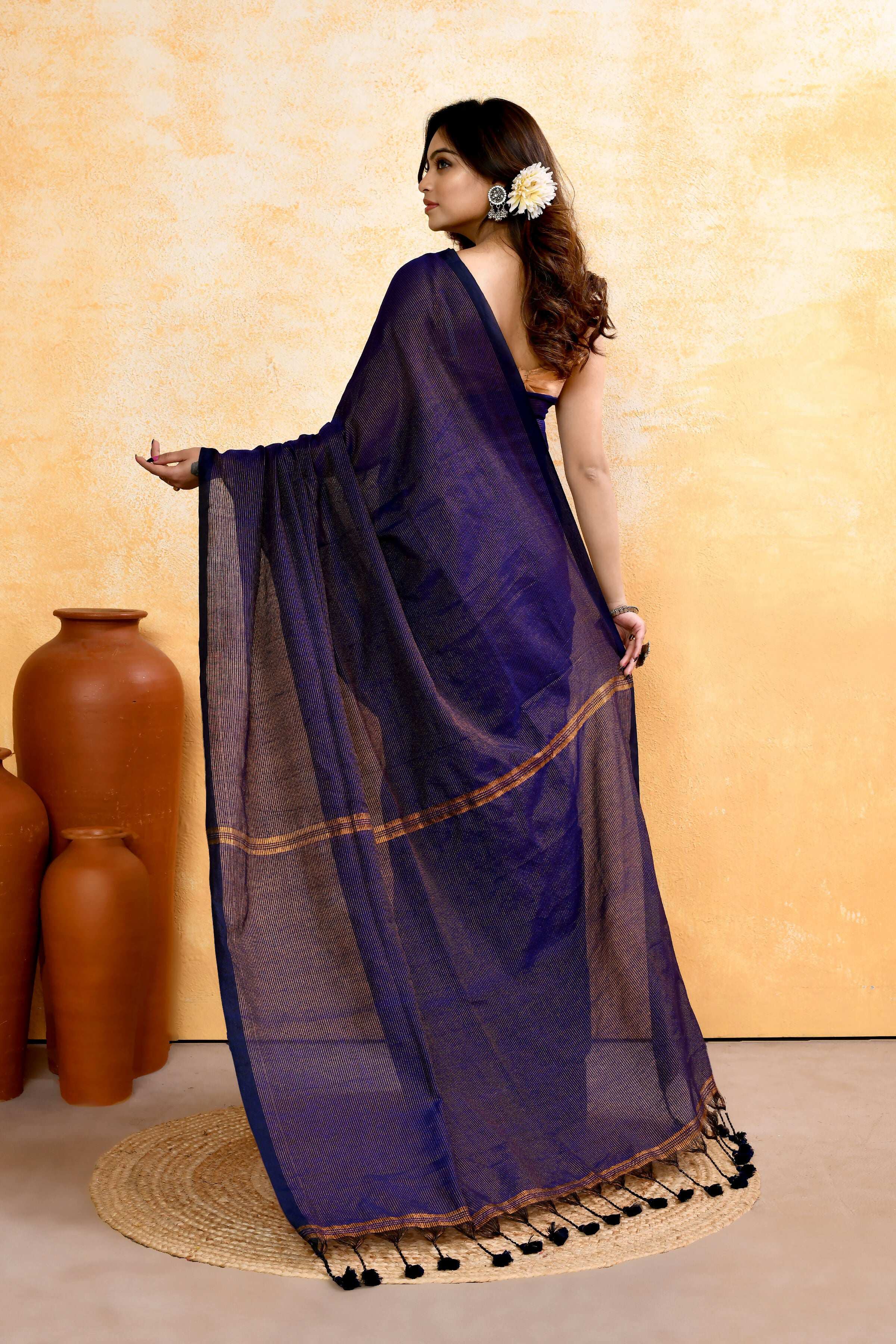 Piyari Fashion Women's Navy Blue Embellished Cotton Blend Zari Check Handloom Saree - Distacart