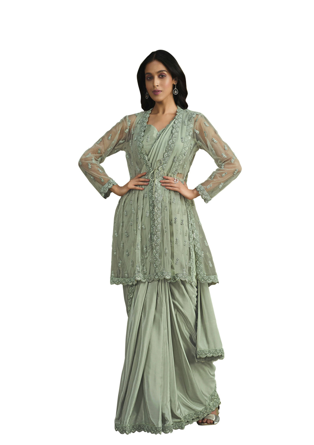 Sea Green Crepe Silk Sequence Embroidered With Stone & Sequence Work Jacket Saree With Stitched Blouse - Mohmanthan La Belle