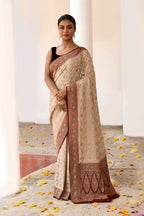 Joban Fashion Crème Crepe Chiffon Pure Handloom Banarasi Silk Saree