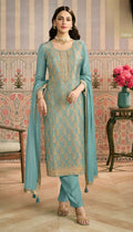 Anaita Sky Blue Viscose Lotus Shimmer Stitched Suit with Jacquard Work - Distacart