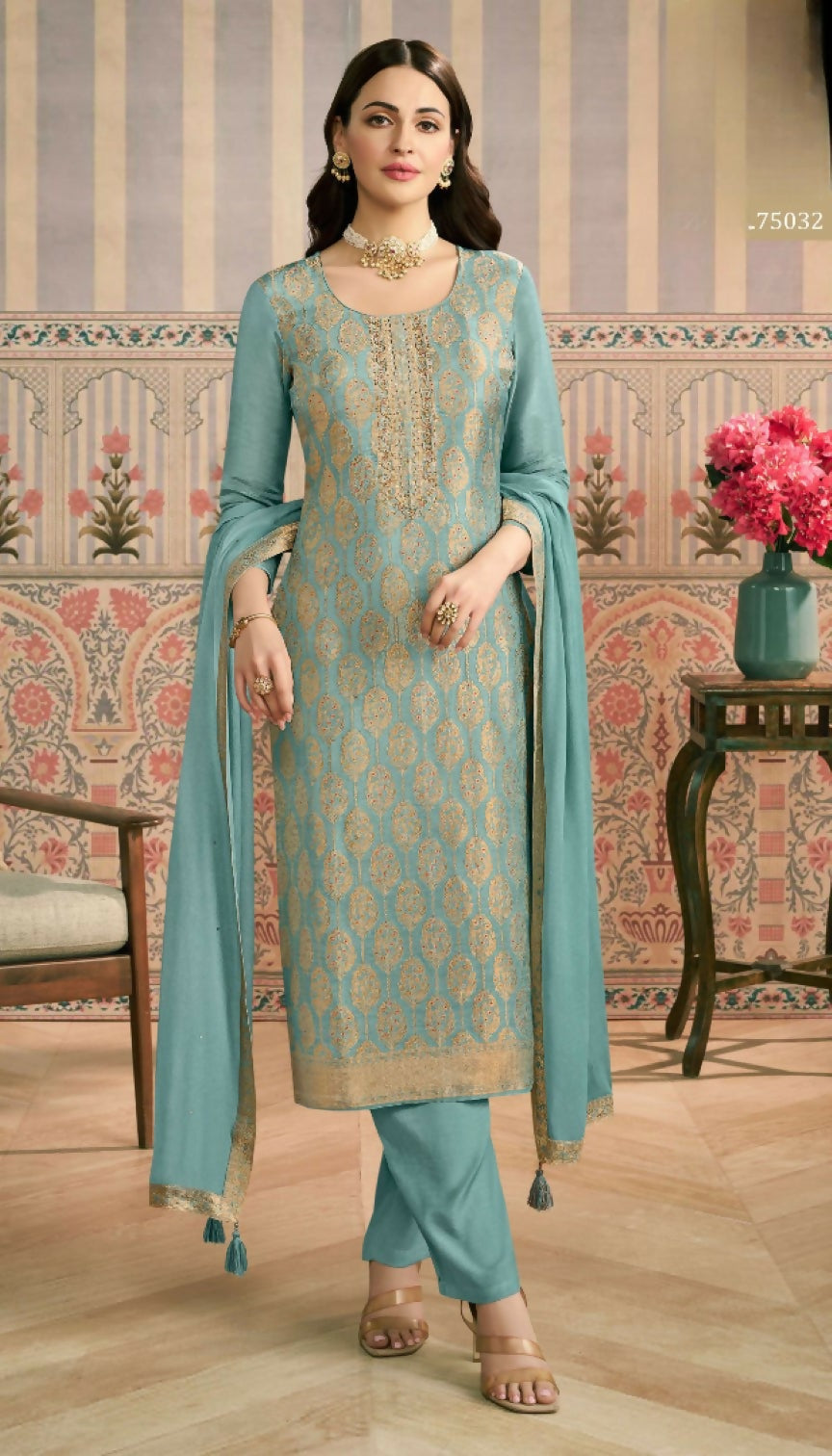 Anaita Sky Blue Viscose Lotus Shimmer Stitched Suit with Jacquard Work - Distacart