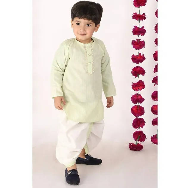 Little Bansi Boys Green and Cream Color Golden Striped Kurta and Dhoti
