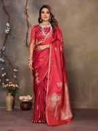 Joban Fashion  Brick Red Floral & Botanical Motifs Satin Silk Banarasi Silk Saree - Distacart