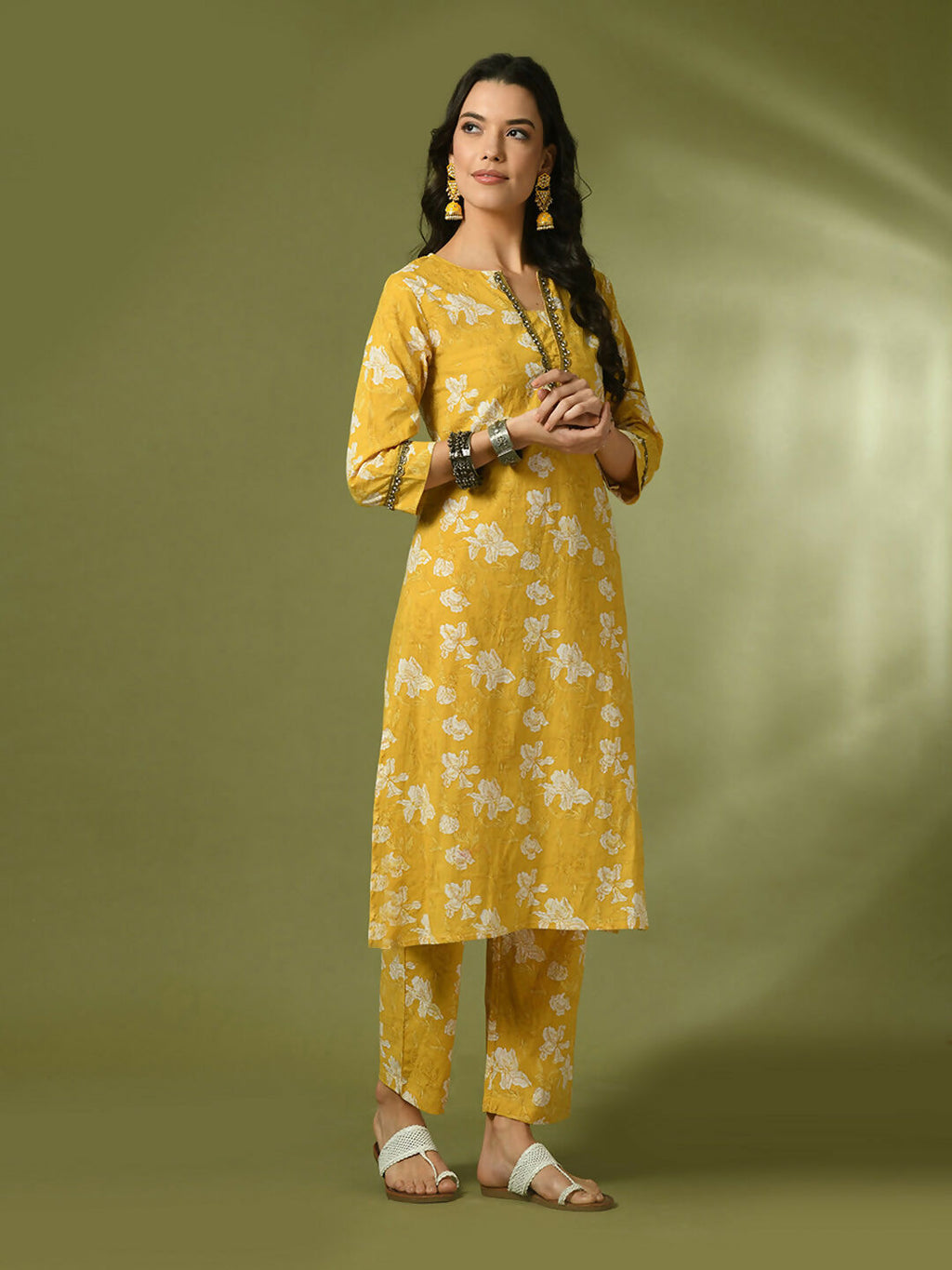 Myshka Women's Yellow Printed Cotton Straight Party Kurta Set