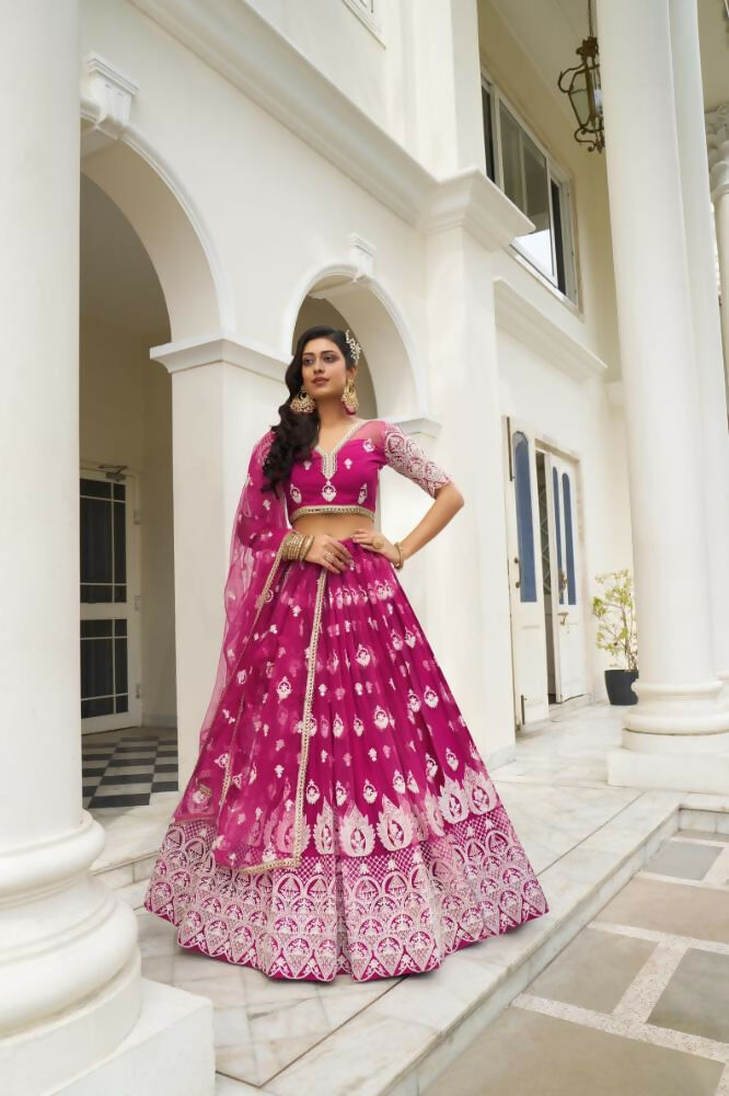 Aastha Fashion Dark Pink Butterfly Net White Cotton Thread Work And Sequence Work Embroidery Wedding Wear Lehenga Choli