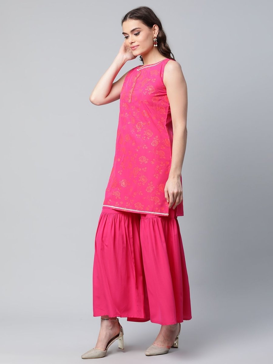 Ahalyaa Pink Crepe Orange khari Print Kurta Sharara Set With Dupatta - Distacart