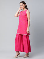 Ahalyaa Pink Crepe Orange khari Print Kurta Sharara Set With Dupatta - Distacart