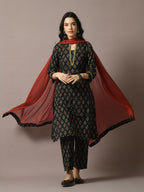 Myshka Women's Black Printed Cotton Straight Party Kurta Set With Dupatta