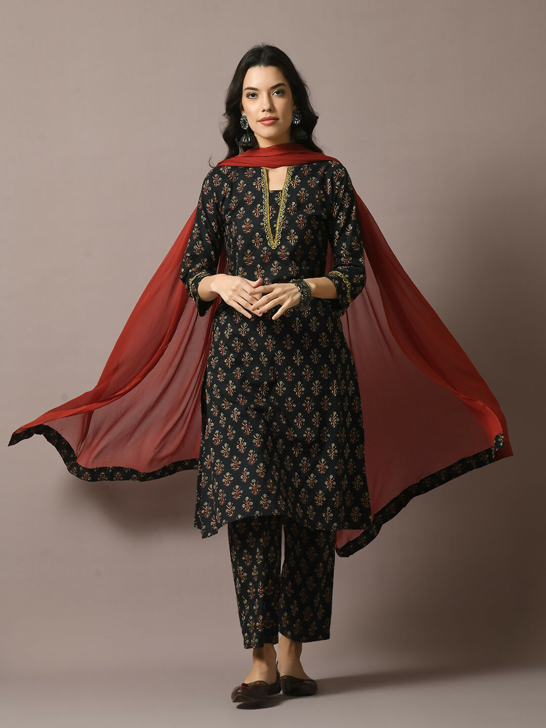 Myshka Women's Black Printed Cotton Straight Party Kurta Set With Dupatta
