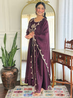 The52 Women Beautiful Vichitra Silk Fabric Flared Kurta, Pant and Dupatta Set - Distacart