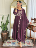 The52 Women Beautiful Vichitra Silk Fabric Flared Kurta, Pant and Dupatta Set - Distacart