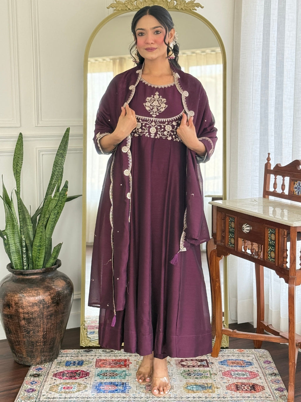 The52 Women Beautiful Vichitra Silk Fabric Flared Kurta, Pant and Dupatta Set - Distacart