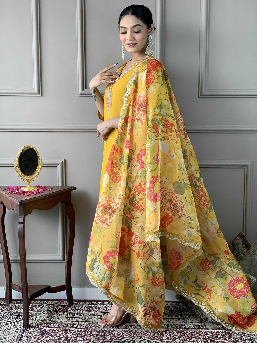 The52 Women's Mustard Chanderi Embroidered Straight Kurta, Pant and Dupatta Set - Distacart