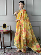 The52 Women's Mustard Chanderi Embroidered Straight Kurta, Pant and Dupatta Set - Distacart