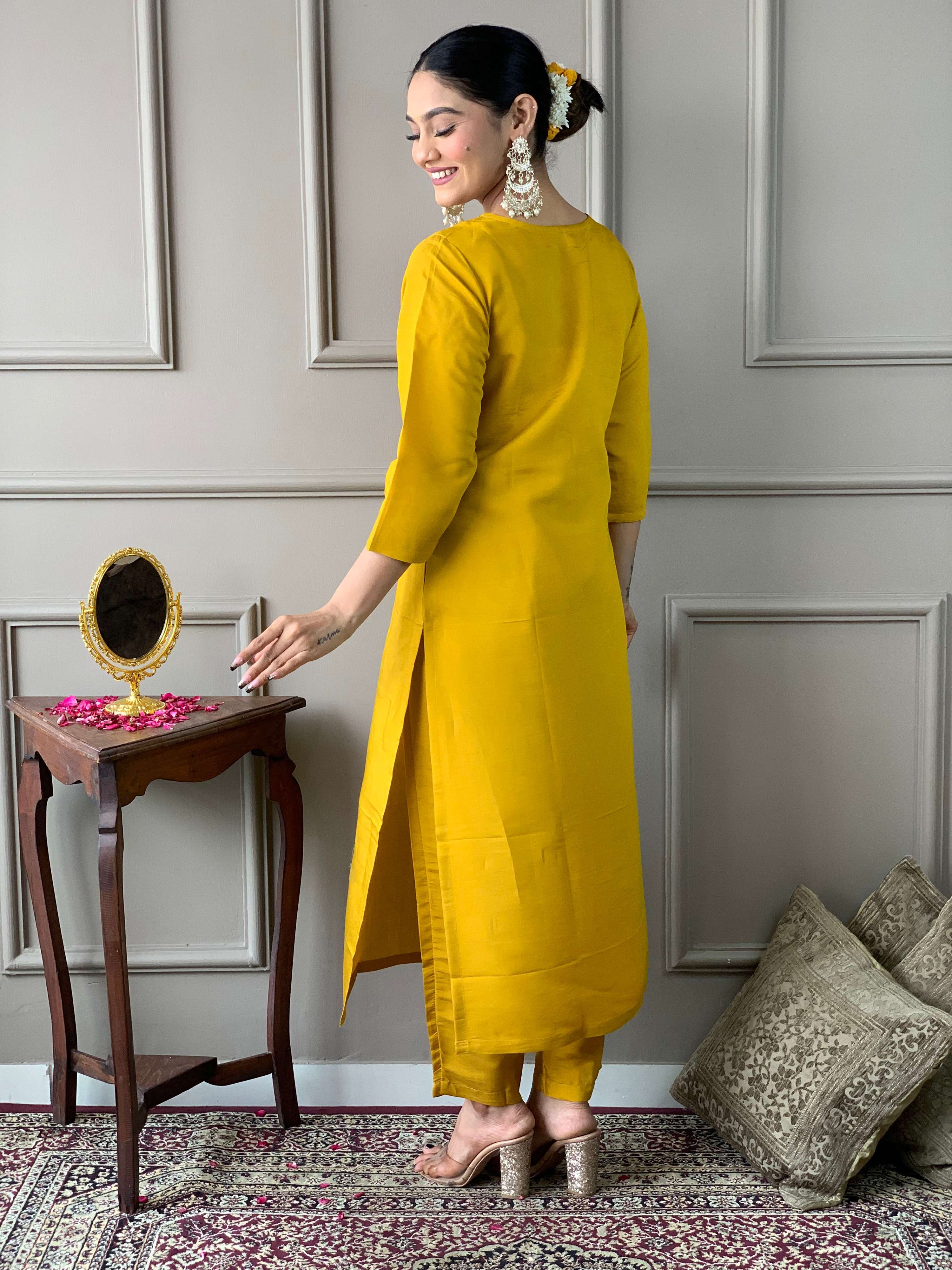The52 Women's Mustard Chanderi Embroidered Straight Kurta, Pant and Dupatta Set - Distacart