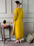 The52 Women's Mustard Chanderi Embroidered Straight Kurta, Pant and Dupatta Set - Distacart