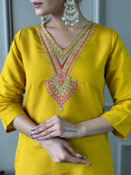 The52 Women's Mustard Chanderi Embroidered Straight Kurta, Pant and Dupatta Set - Distacart