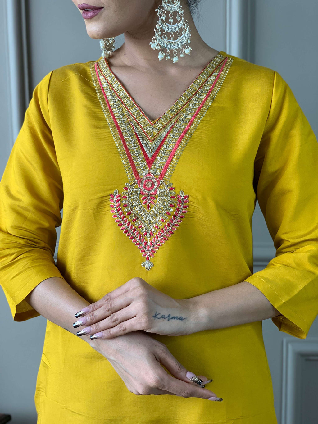 The52 Women's Mustard Chanderi Embroidered Straight Kurta, Pant and Dupatta Set - Distacart