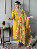 The52 Women's Mustard Chanderi Embroidered Straight Kurta, Pant and Dupatta Set - Distacart