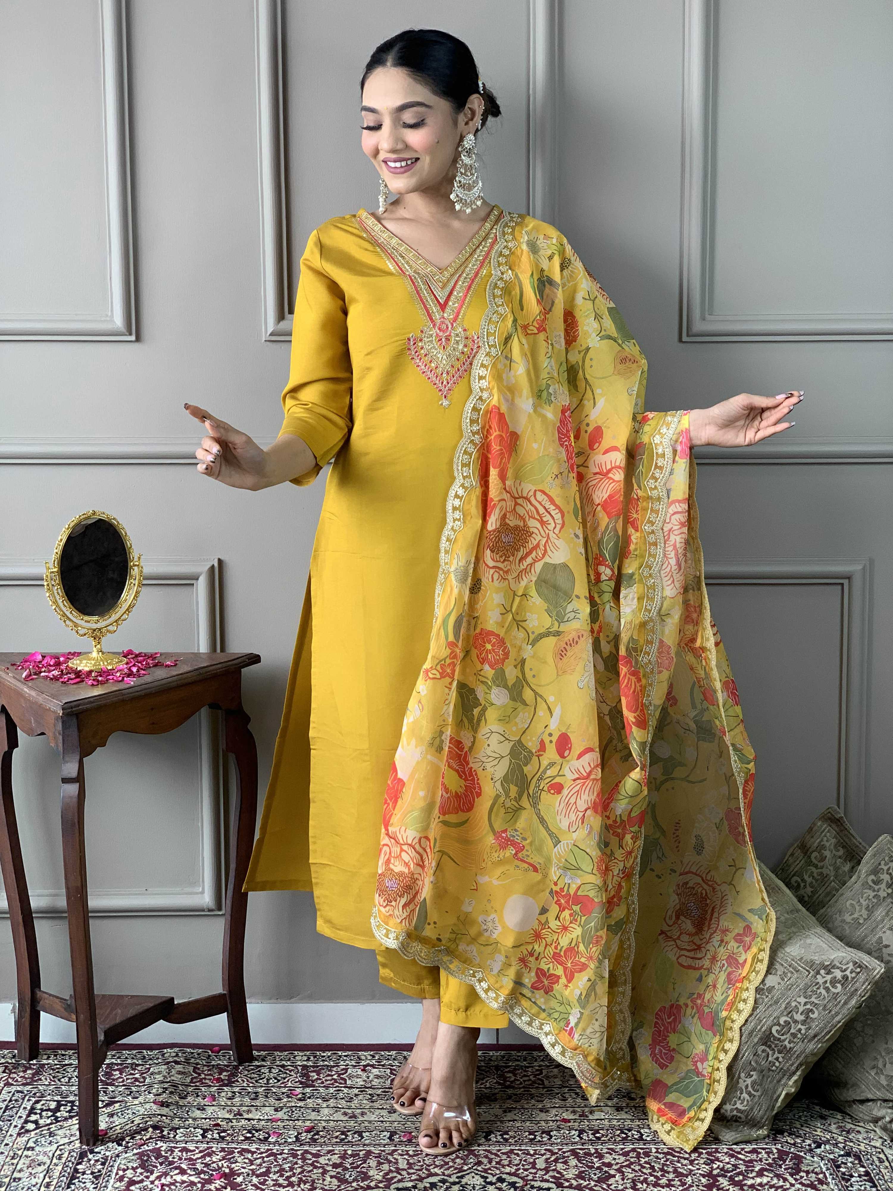 The52 Women's Mustard Chanderi Embroidered Straight Kurta, Pant and Dupatta Set - Distacart