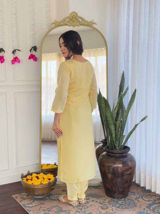 The52 Yellow Women's Viscose Chanderi Fabric Straight Kurta, Pant and Dupatta Set - Distacart