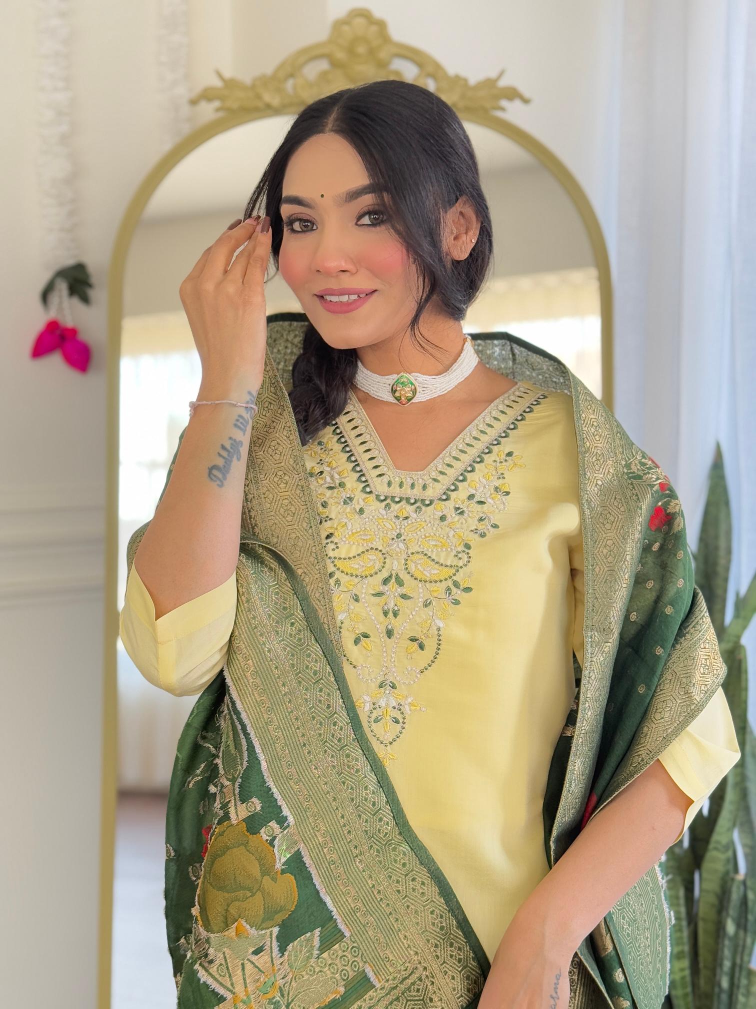 The52 Yellow Women's Viscose Chanderi Fabric Straight Kurta, Pant and Dupatta Set - Distacart