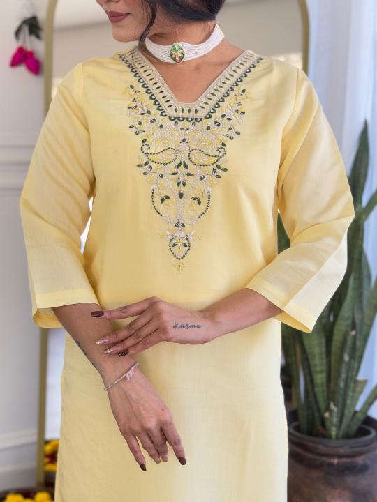 The52 Yellow Women's Viscose Chanderi Fabric Straight Kurta, Pant and Dupatta Set - Distacart