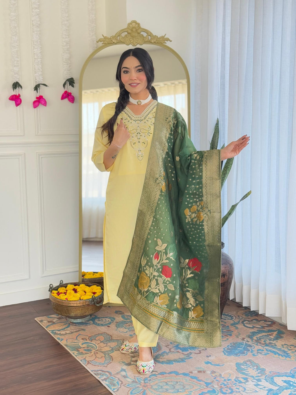 The52 Yellow Women's Viscose Chanderi Fabric Straight Kurta, Pant and Dupatta Set - Distacart
