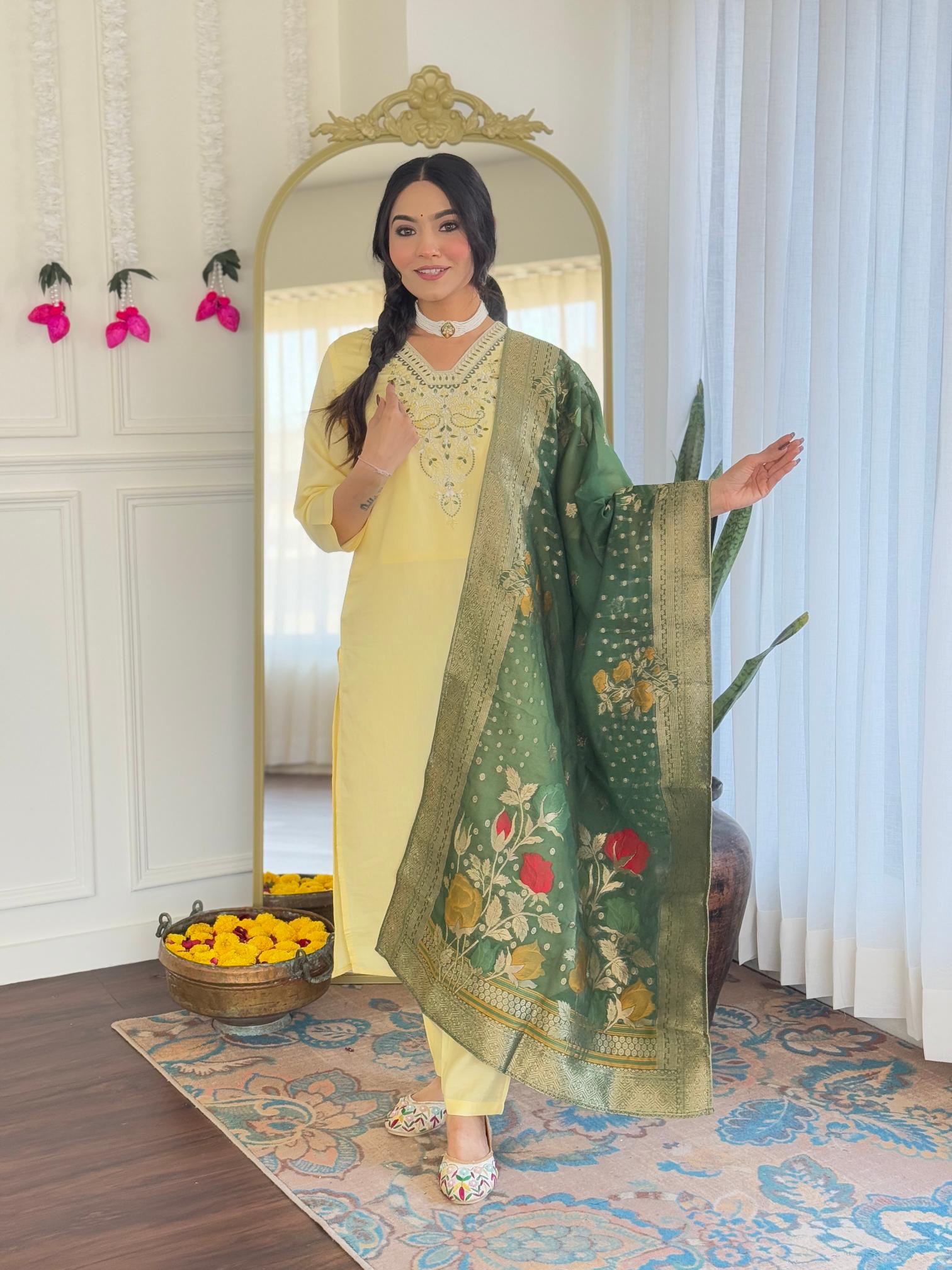 The52 Yellow Women's Viscose Chanderi Fabric Straight Kurta, Pant and Dupatta Set - Distacart