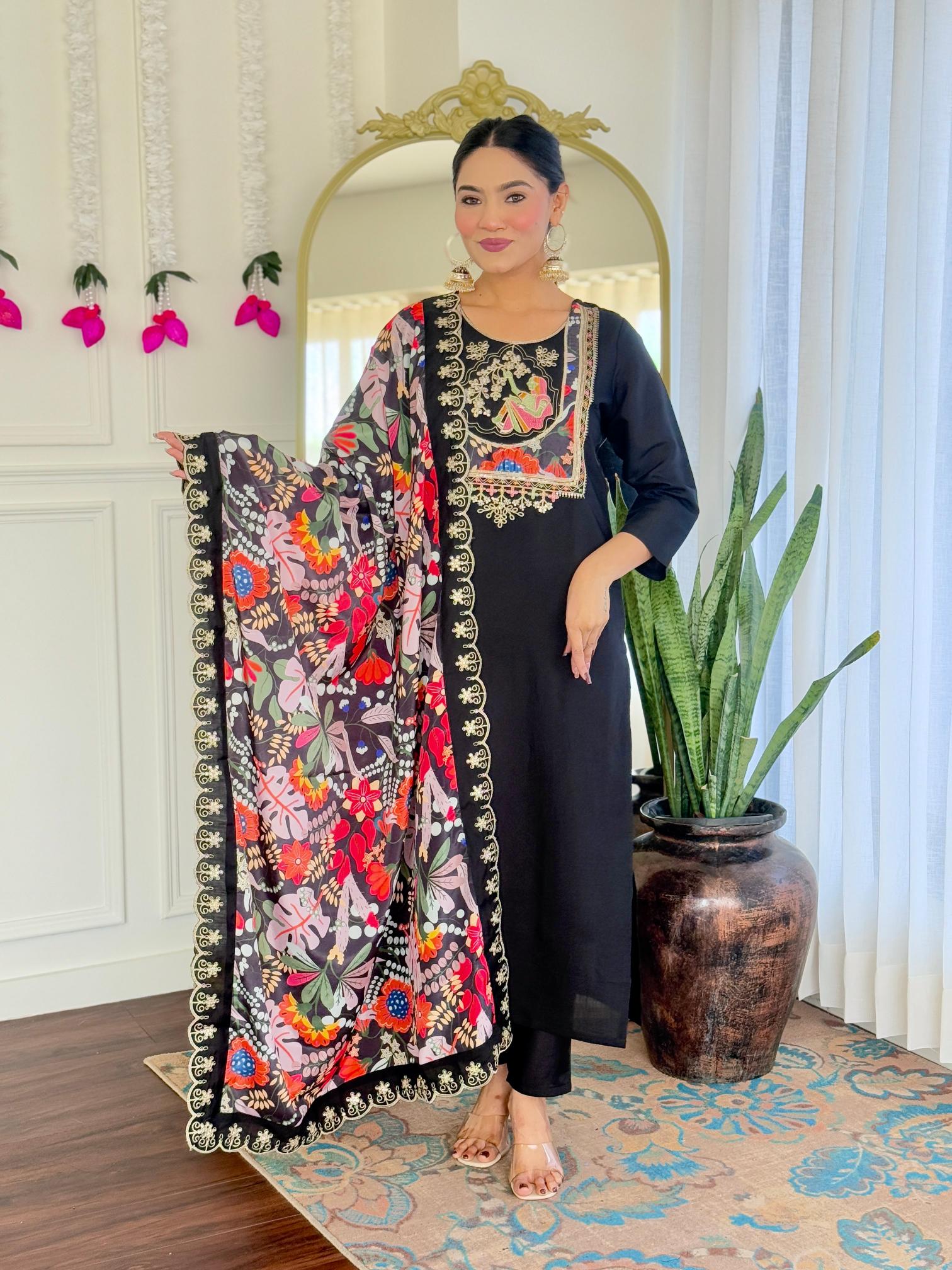 The52 Women's Viscose Chanderi Fabric Straight Kurta, Pant and Dupatta Set - Distacart