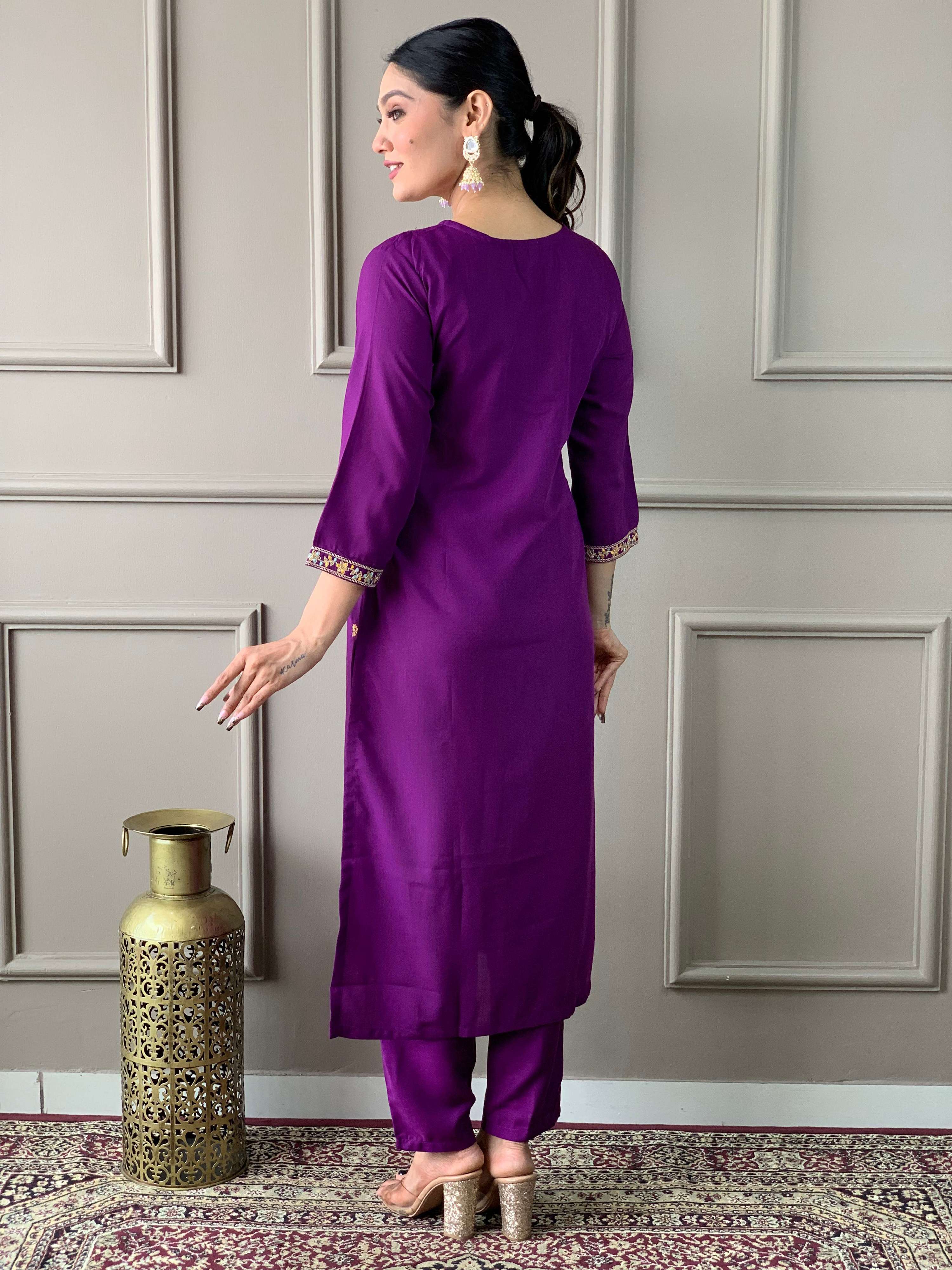 The52 Women's Wine Rayon Slub Embroidered Straight Kurta, Pant and Dupatta Set - Distacart