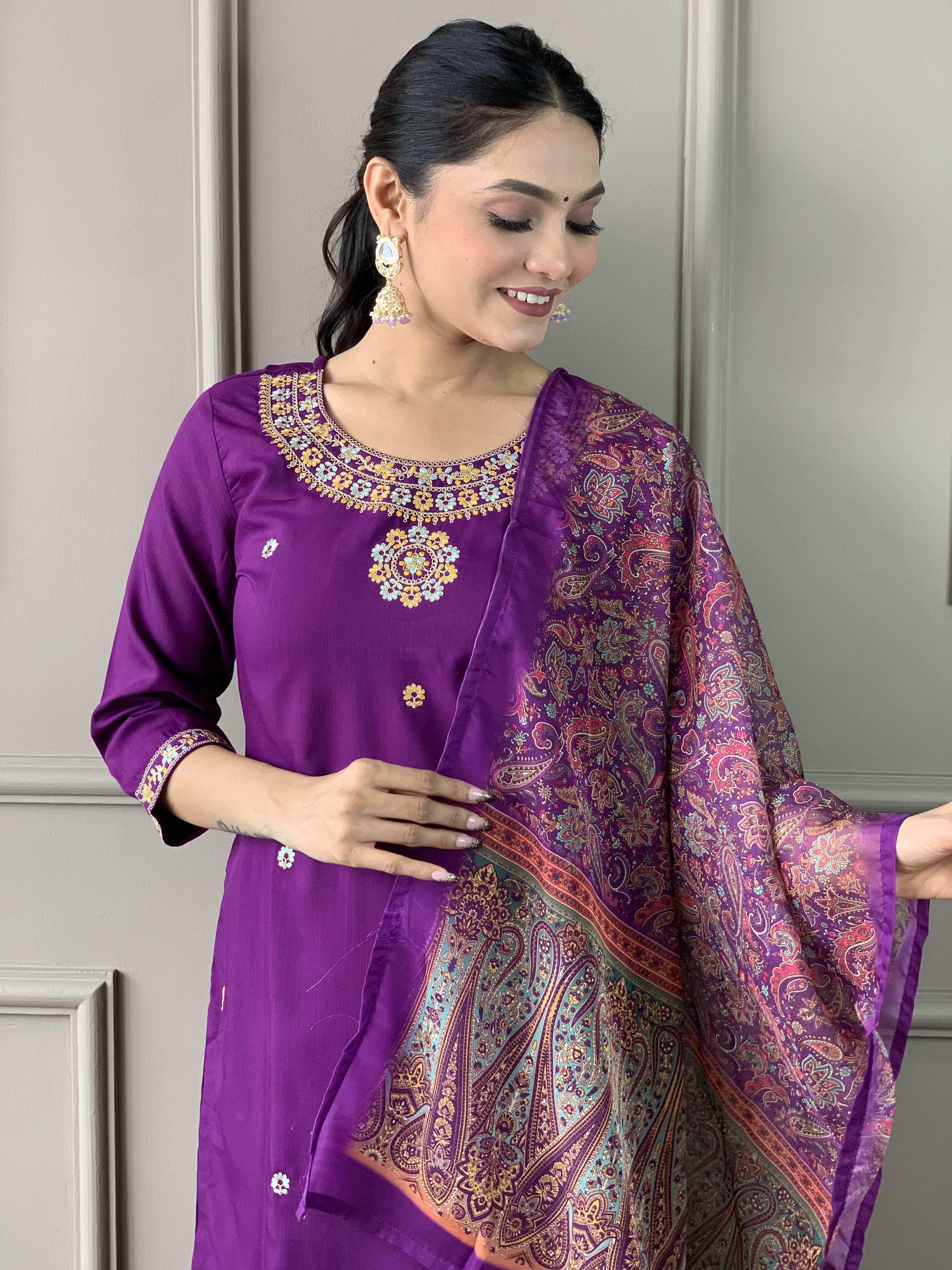 The52 Women's Wine Rayon Slub Embroidered Straight Kurta, Pant and Dupatta Set - Distacart
