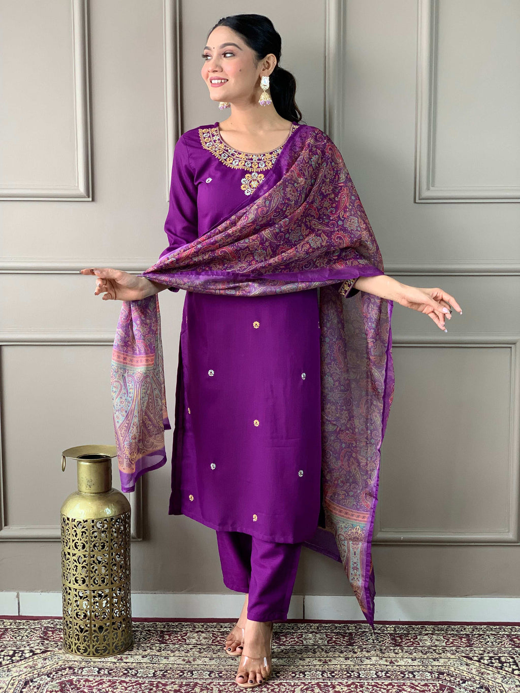 The52 Women's Wine Rayon Slub Embroidered Straight Kurta, Pant and Dupatta Set - Distacart