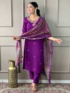 The52 Women's Wine Rayon Slub Embroidered Straight Kurta, Pant and Dupatta Set - Distacart