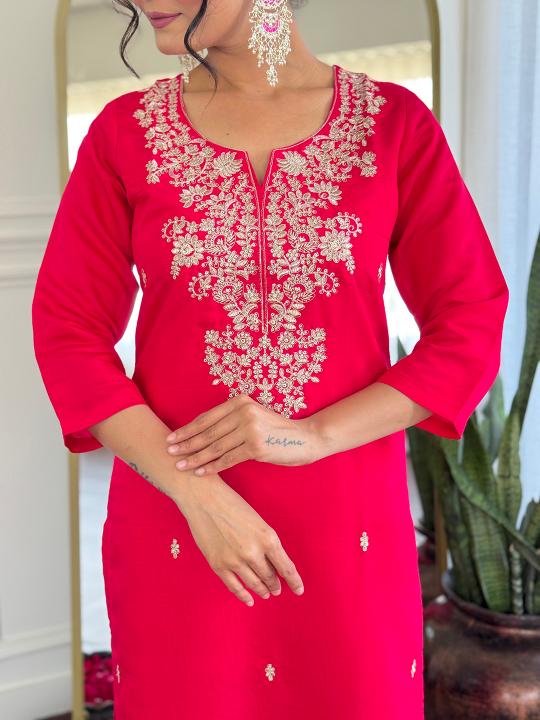 The52 Women Gorgeous Roman Silk Fabric Straight Kurta, Pant and Dupatta Set - Distacart