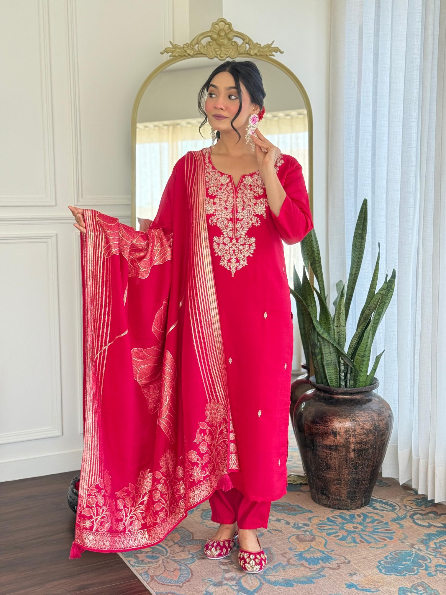 The52 Women Gorgeous Roman Silk Fabric Straight Kurta, Pant and Dupatta Set - Distacart