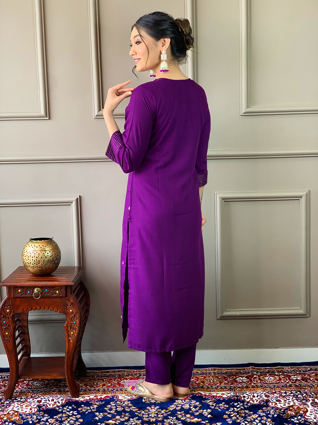 The52 Violet Rayon Slub Fabric Embroidered work Straight cut Kurta, Pant and Dupatta Set - Distacart