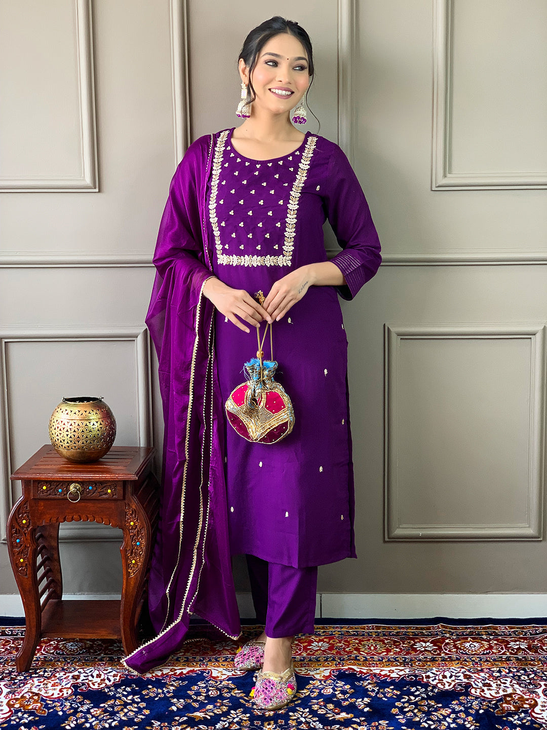The52 Violet Rayon Slub Fabric Embroidered work Straight cut Kurta, Pant and Dupatta Set - Distacart