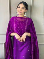 The52 Violet Rayon Slub Fabric Embroidered work Straight cut Kurta, Pant and Dupatta Set - Distacart