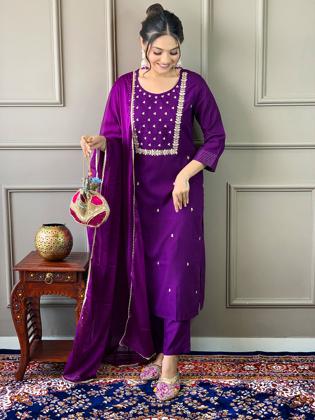 The52 Violet Rayon Slub Fabric Embroidered work Straight cut Kurta, Pant and Dupatta Set - Distacart