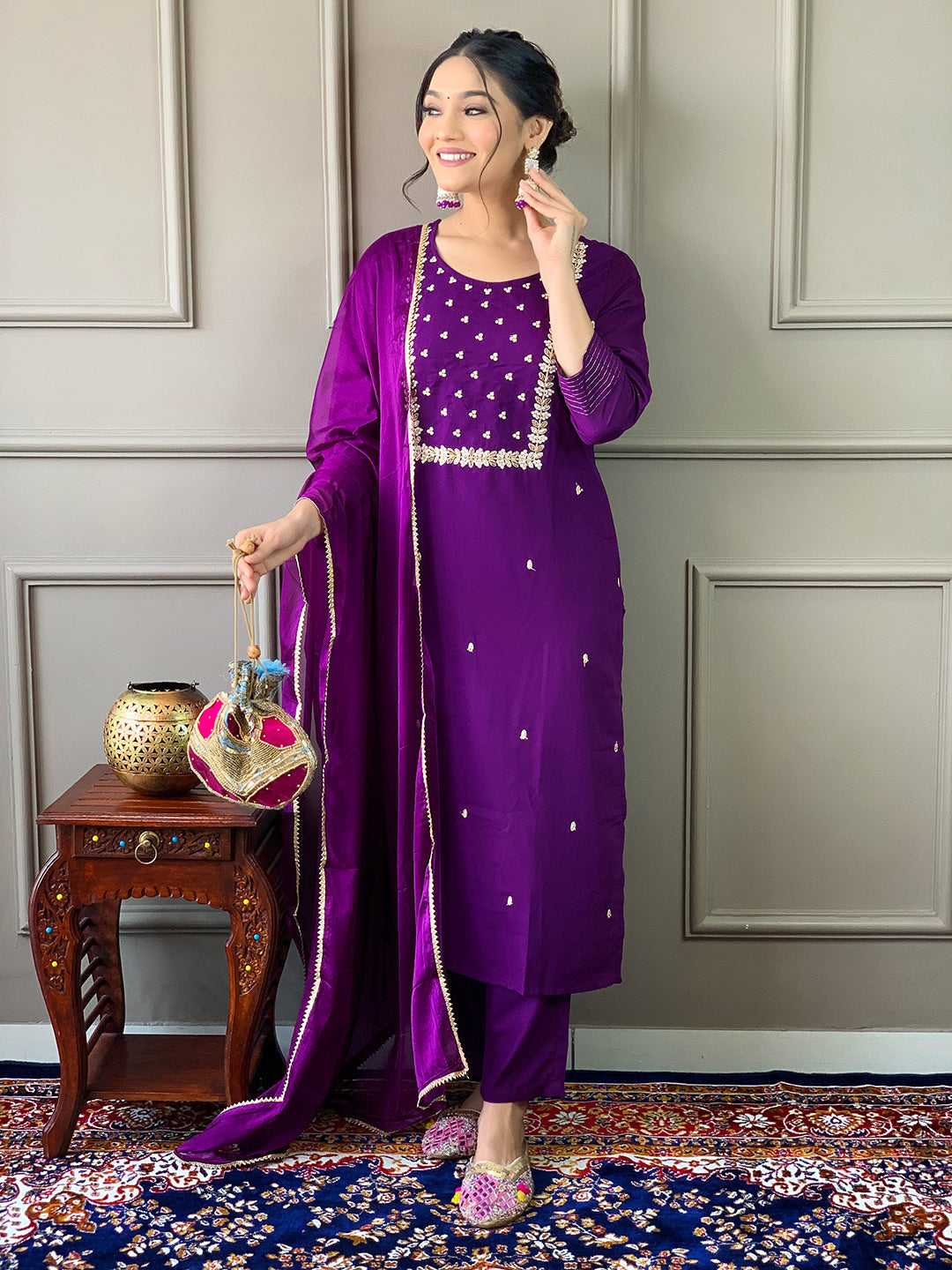 The52 Violet Rayon Slub Fabric Embroidered work Straight cut Kurta, Pant and Dupatta Set - Distacart