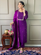 The52 Violet Rayon Slub Fabric Embroidered work Straight cut Kurta, Pant and Dupatta Set - Distacart