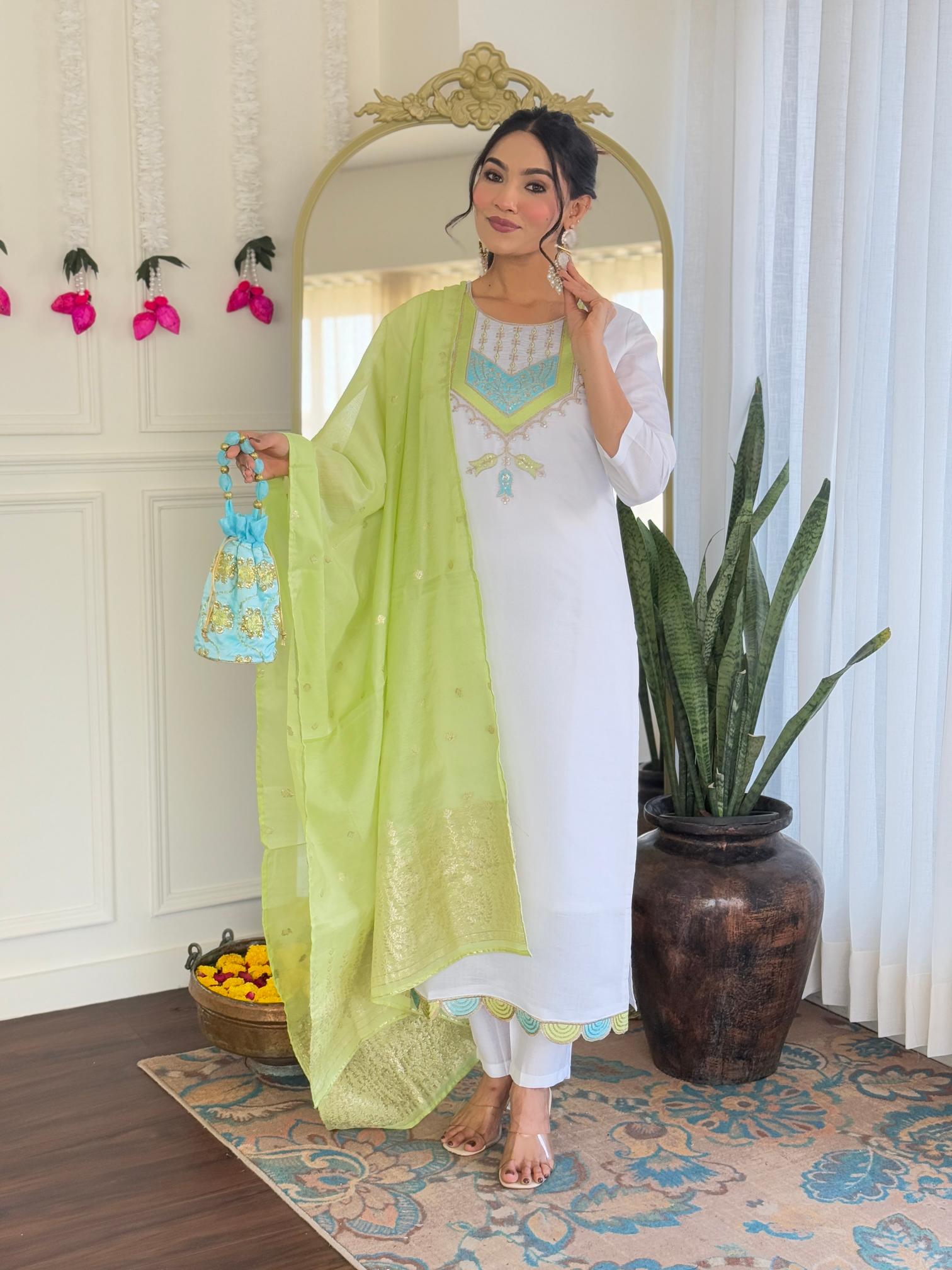 The52 White Women's Viscose Chanderi Fabric Straight Kurta, Pant and Dupatta Set - Distacart