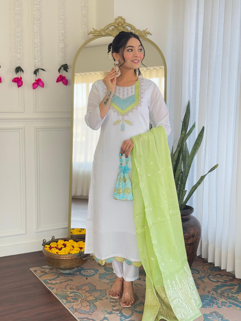 The52 White Women's Viscose Chanderi Fabric Straight Kurta, Pant and Dupatta Set - Distacart