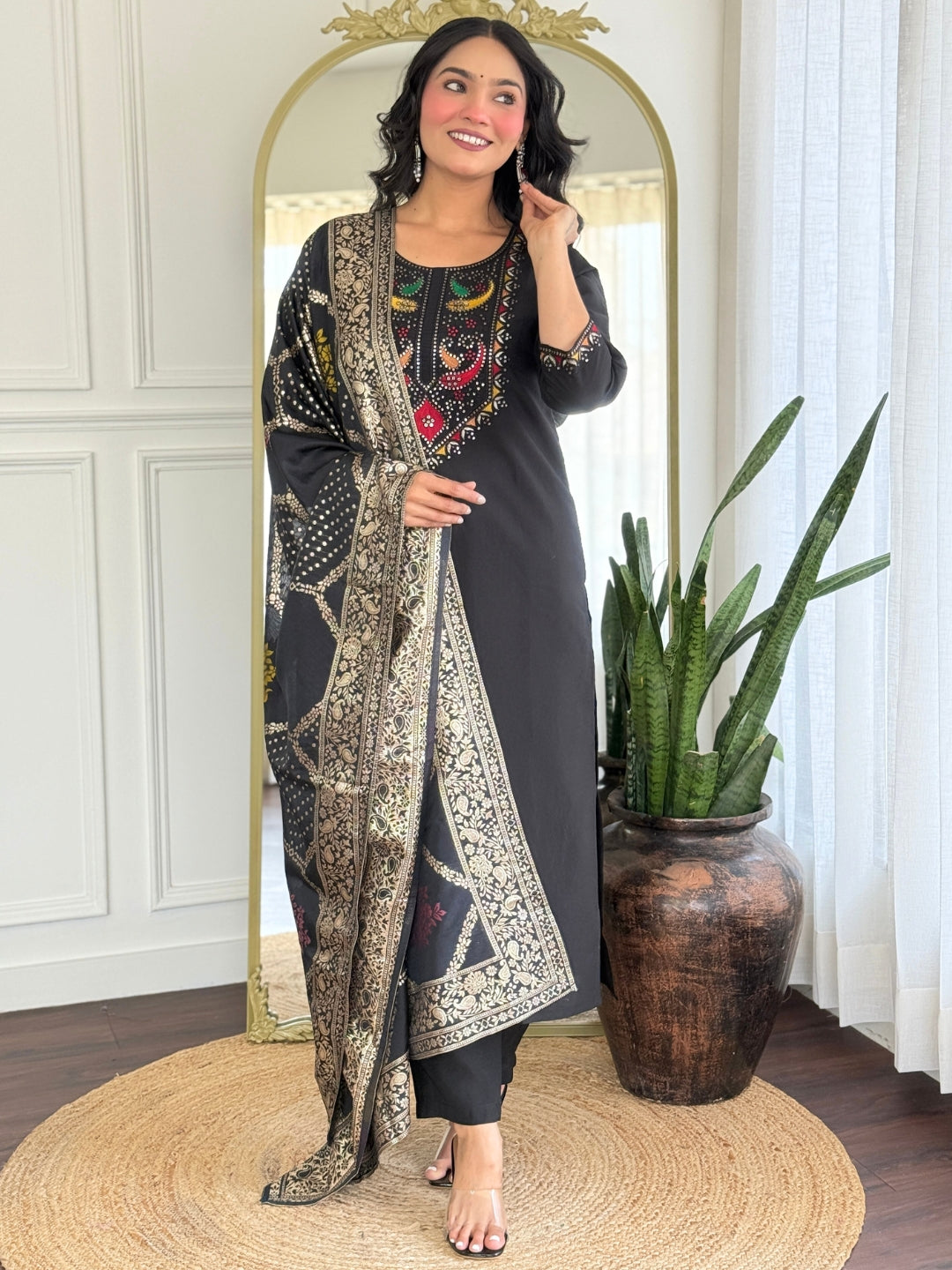 The52 Women Gorgeous Roman Silk Fabric Straight Kurta, Pant and Dupatta Set - Distacart